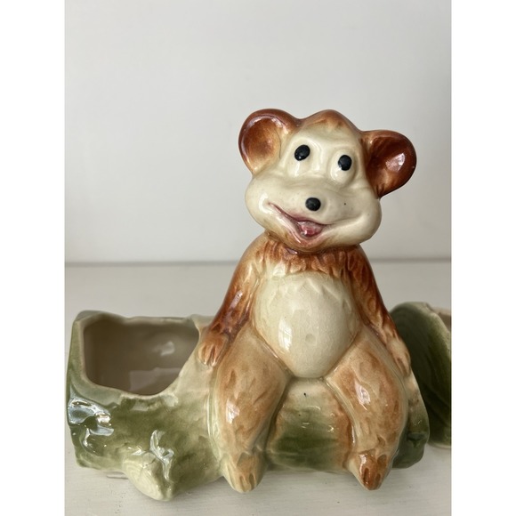 American Bisque Bear On Log Planter Set Of 2 1950s Vintage Whimsical - Picture 2 of 11